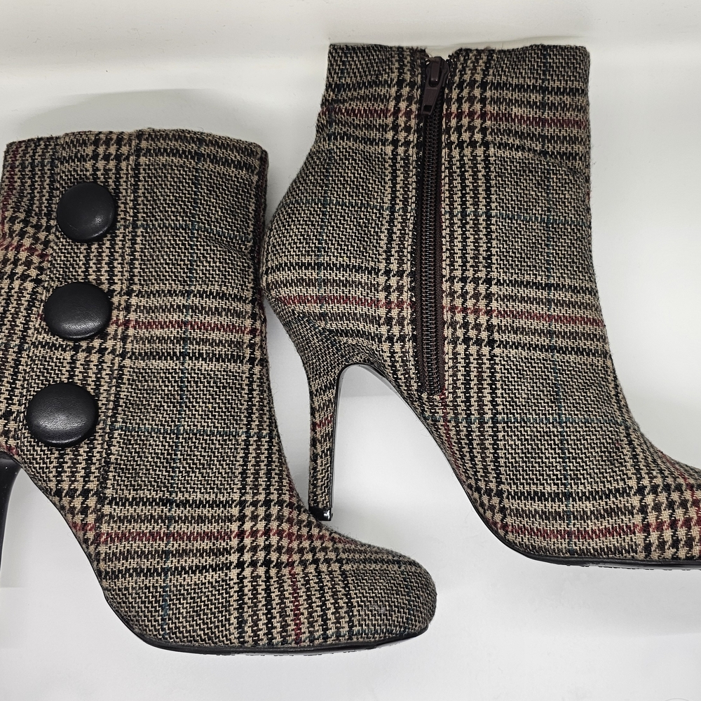 Diba Gray and Brown High Heeled Ankle Boots with Plaid Pattern